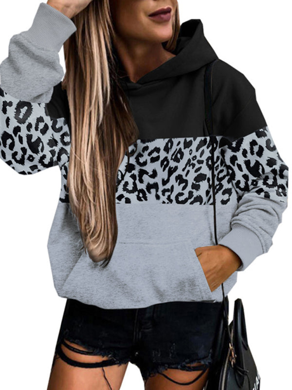 Women’s leopard print contrasting color long-sleeve hoodies - Grey Panther / L