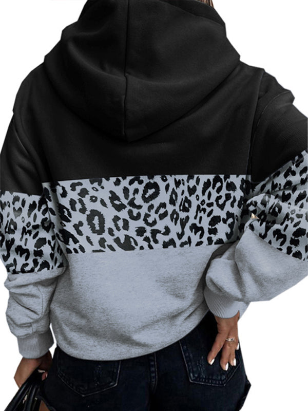 Women’s leopard print contrasting color long-sleeve hoodies - Grey Panther / L