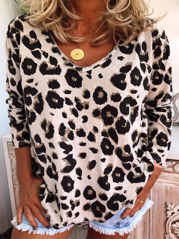 Women’s leopard print full-print V-neck long-sleeved T-shirt