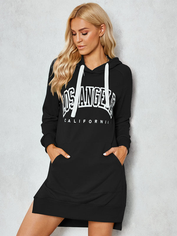 Women’s lettered print hooded skirt dress - Black / S