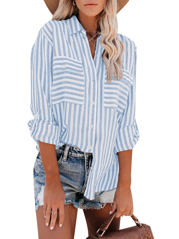Women’s Linen Cotton Washed Water Stripe Single Breasted Long Sleeve Shirt Women - Sky blue azure / S
