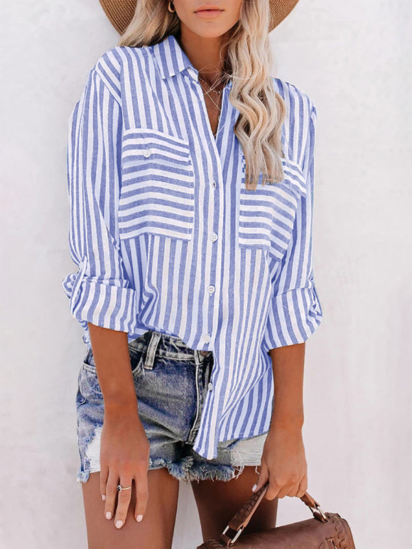 Women’s Linen Cotton Washed Water Stripe Single Breasted Long Sleeve Shirt Women - Purplish blue navy / S