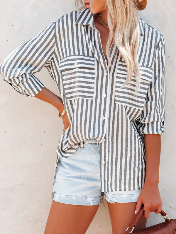 Women’s Linen Cotton Washed Water Stripe Single Breasted Long Sleeve Shirt Women - Grey / S