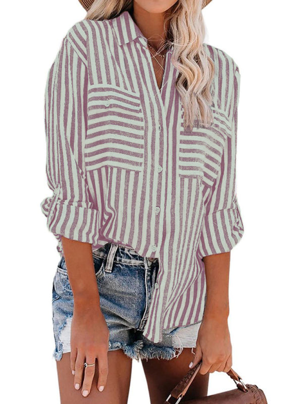 Women’s Linen Cotton Washed Water Stripe Single Breasted Long Sleeve Shirt Women - Pink / S