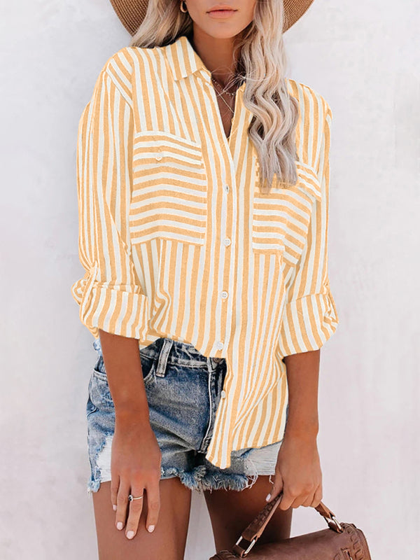 Women’s Linen Cotton Washed Water Stripe Single Breasted Long Sleeve Shirt Women - Orange / S