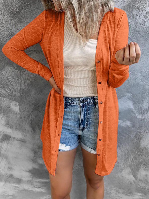 Women’s long button solid color casual long-sleeved knitted cardigan for women