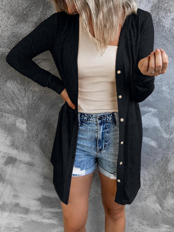 Women’s long button solid color casual long-sleeved knitted cardigan for women - Black / S