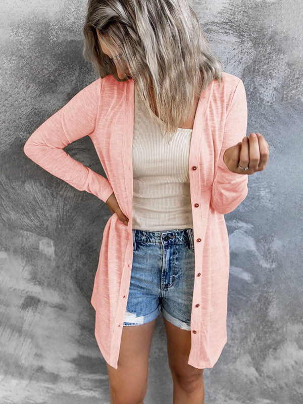 Women’s long button solid color casual long-sleeved knitted cardigan for women - Pink / S