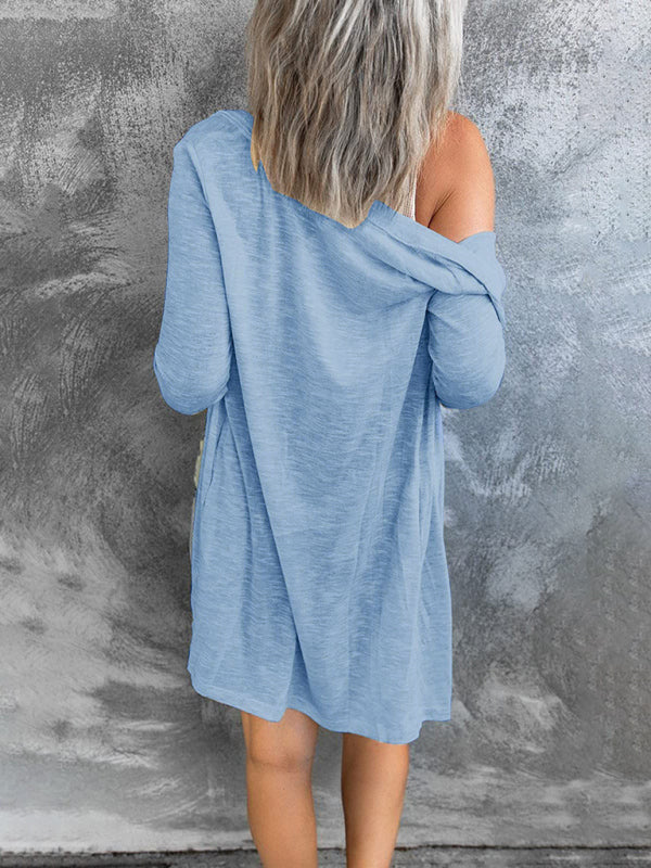 Women’s long button solid color casual long-sleeved knitted cardigan for women