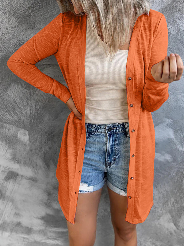 Women’s long button solid color casual long-sleeved knitted cardigan for women - Orange / S
