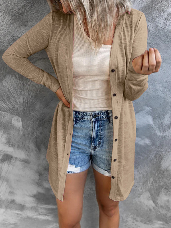 Women’s long button solid color casual long-sleeved knitted cardigan for women - Khaki / S