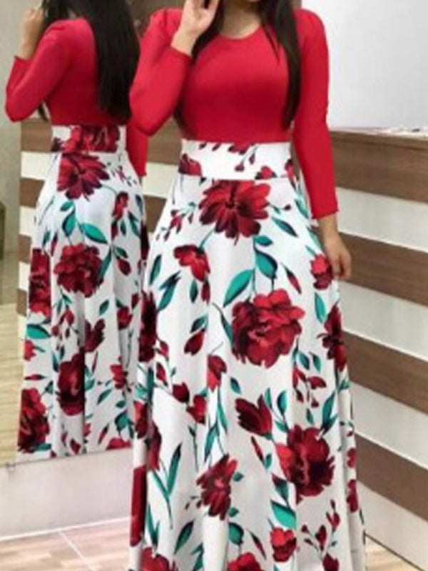 Women’s Long Dress Digital Print Colorblock Short Sleeve Dress
