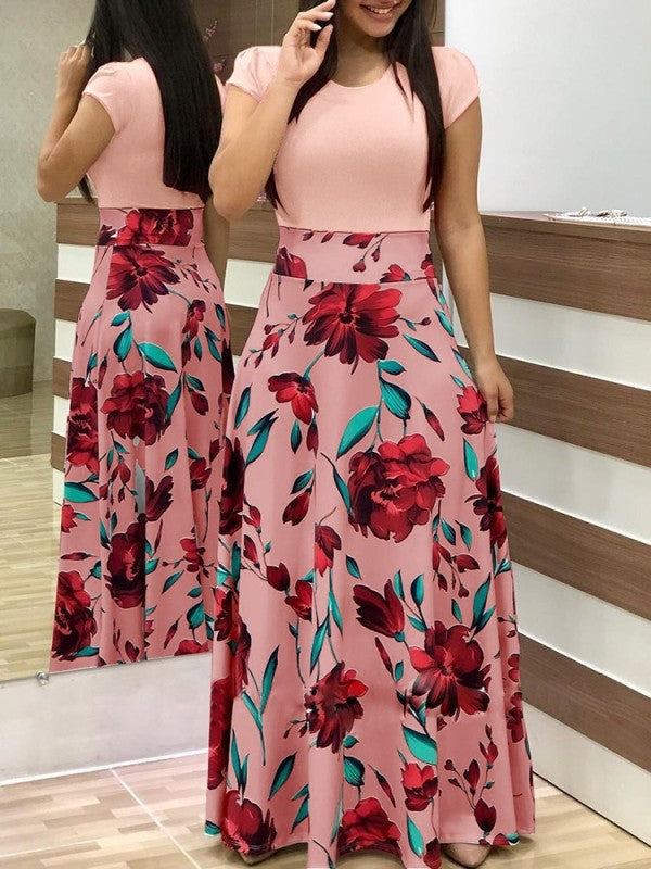 Women’s Long Dress Digital Print Colorblock Short Sleeve Dress - Pink / S