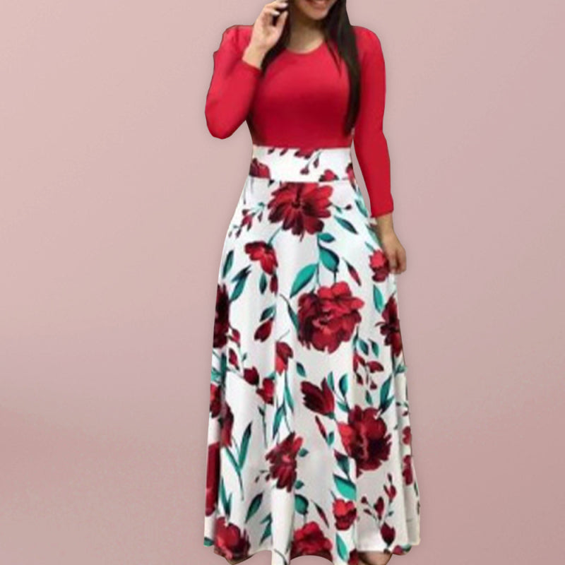 Women’s Long Dress Digital Print Colorblock Short Sleeve Dress - Red / S