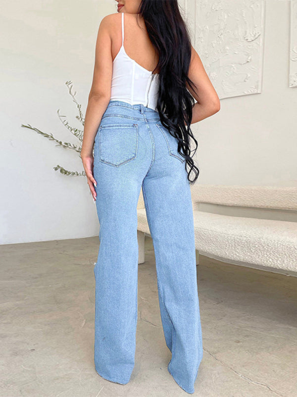 Women’s long high waist ripped raw edge comfortable wide leg jeans