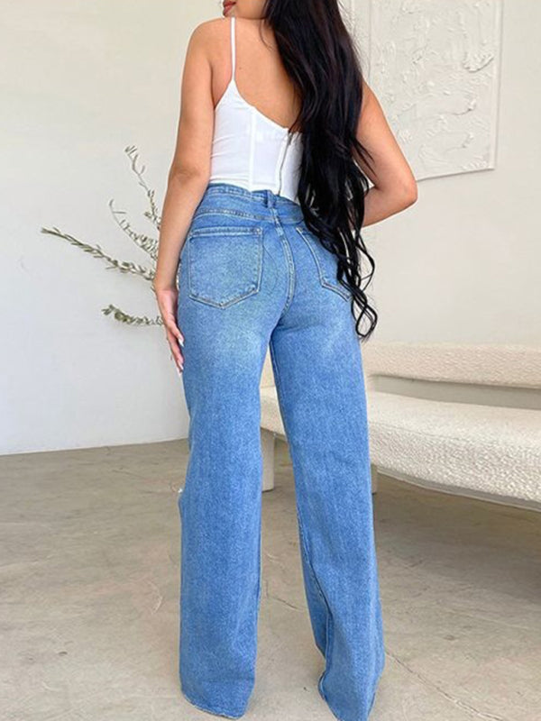 Women’s long high waist ripped raw edge comfortable wide leg jeans