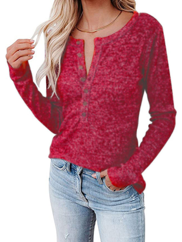 Women’s Long Sleeve Henley Shirts V Neck Down Tops