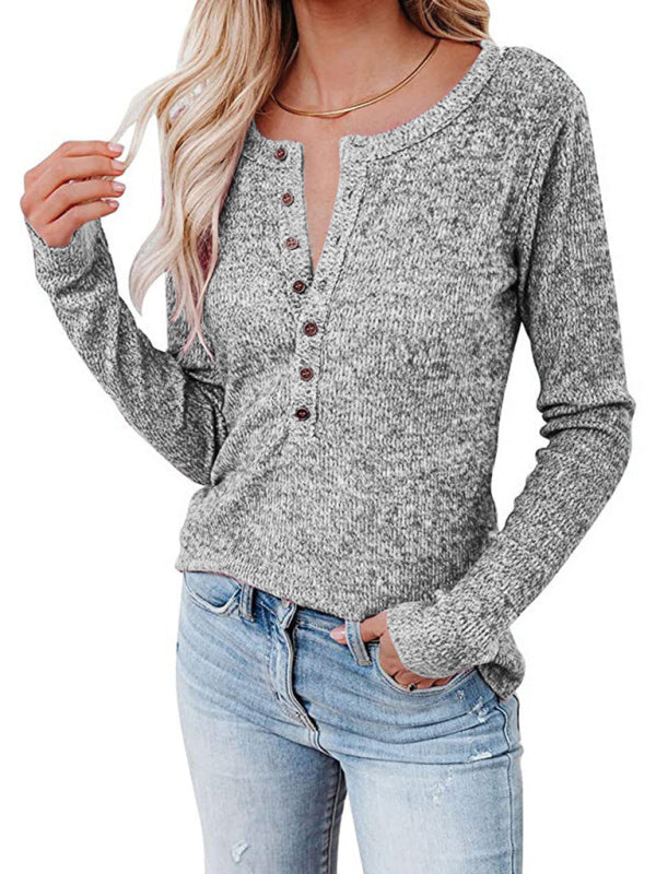 Women’s Long Sleeve Henley Shirts V Neck Down Tops - Neutral grey / S