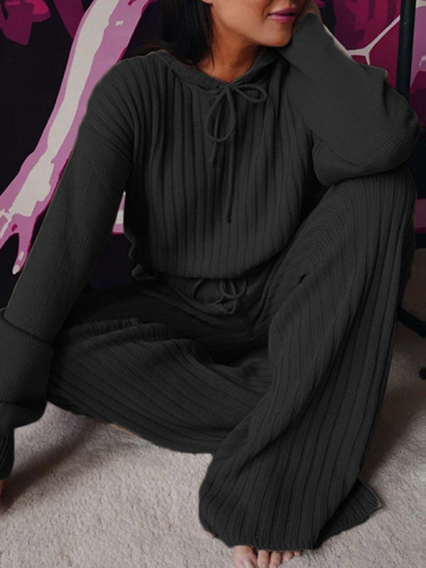 Women’s Long Sleeve Loose Hooded Casual Home Set - Black / S