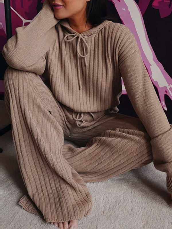 Women’s Long Sleeve Loose Hooded Casual Home Set - Coffee / S