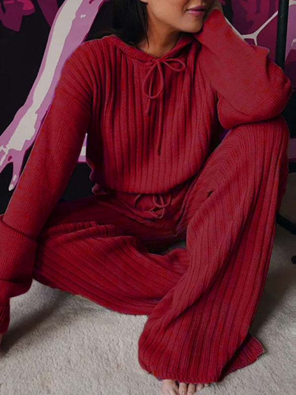 Women’s Long Sleeve Loose Hooded Casual Suit - Wine Red / S