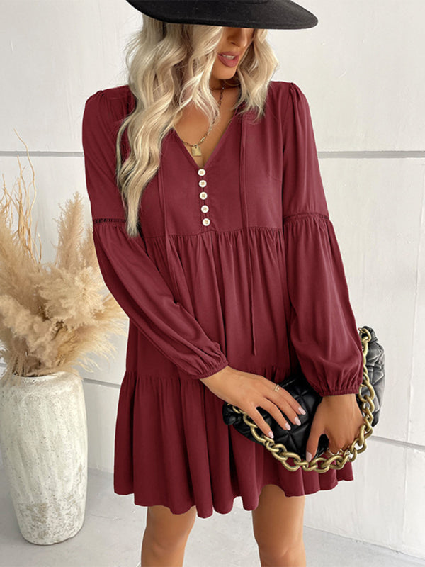 Women’s long-sleeved green autumn and winter solid color foreign trade dress - Wine Red / S