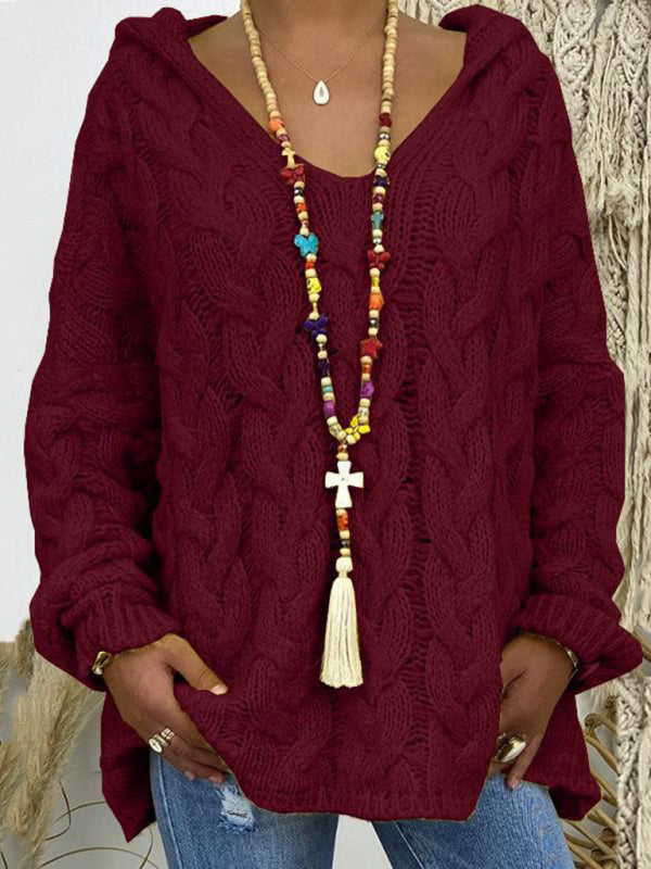 Women’s long-sleeved hooded V-neck knitted loose pullover sweater (without necklace) - Wine Red / S