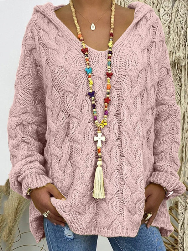 Women’s long-sleeved hooded V-neck knitted loose pullover sweater (without necklace) - Pink / XL