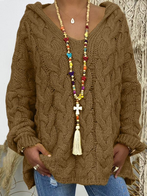 Women’s long-sleeved hooded V-neck knitted loose pullover sweater (without necklace) - Coffee / M