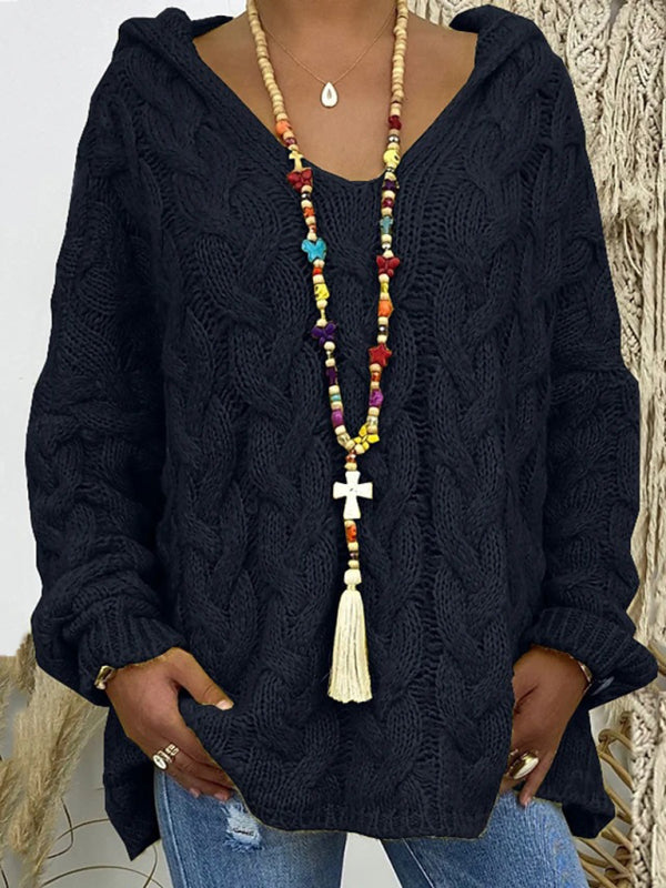 Women’s long-sleeved hooded V-neck knitted loose pullover sweater (without necklace) - Black / XL