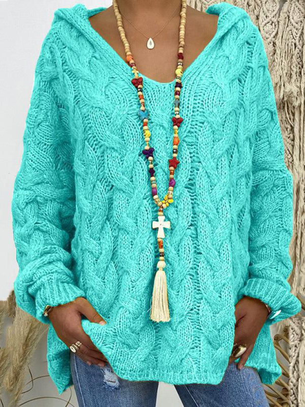 Women’s long-sleeved hooded V-neck knitted loose pullover sweater (without necklace) - Acid blue / 3XL