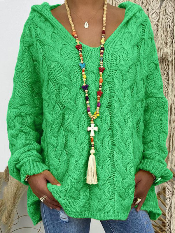 Women’s long-sleeved hooded V-neck knitted loose pullover sweater (without necklace) - Green / S