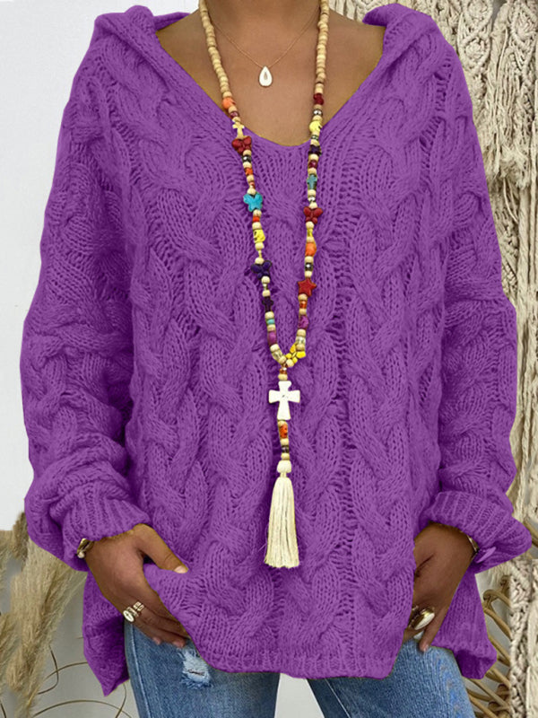 Women’s long-sleeved hooded V-neck knitted loose pullover sweater (without necklace) - Violet / S