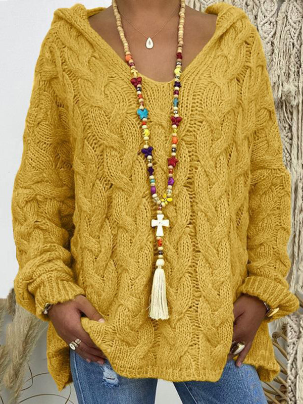 Women’s long-sleeved hooded V-neck knitted loose pullover sweater (without necklace) - Ginger yellow / S