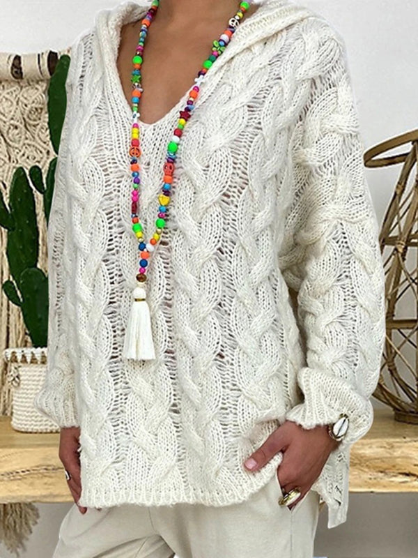 Women’s long-sleeved hooded V-neck knitted loose pullover sweater (without necklace)