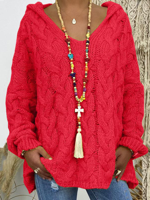 Women’s long-sleeved hooded V-neck knitted loose pullover sweater (without necklace) - Red / S