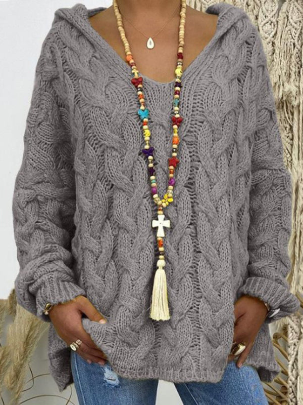 Women’s long-sleeved hooded V-neck knitted loose pullover sweater (without necklace) - Charcoal grey / M