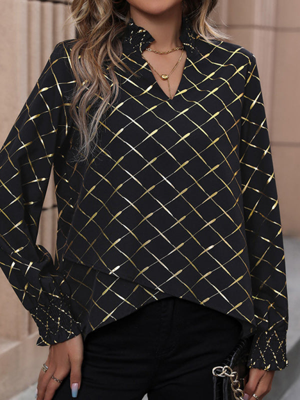 Women's long-sleeved V-neck hot stamping shirt - Closther