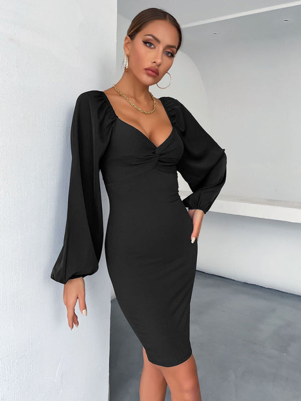 Women’s long-sleeved v-neck package hip dress dress - Black / S