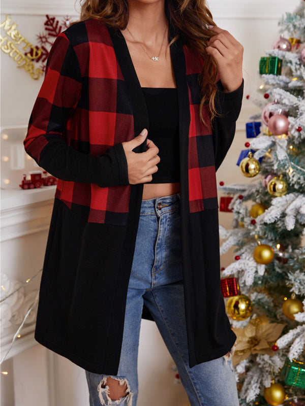 Women’s loose color blocking Christmas print casual cardigan