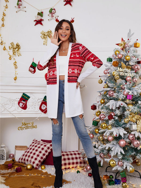 Women’s loose color blocking Christmas print casual cardigan
