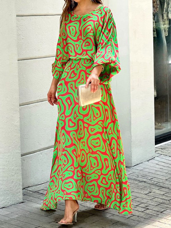 Women’s loose printed long-sleeved top and high waist skirt two-piece set - Forest green / S