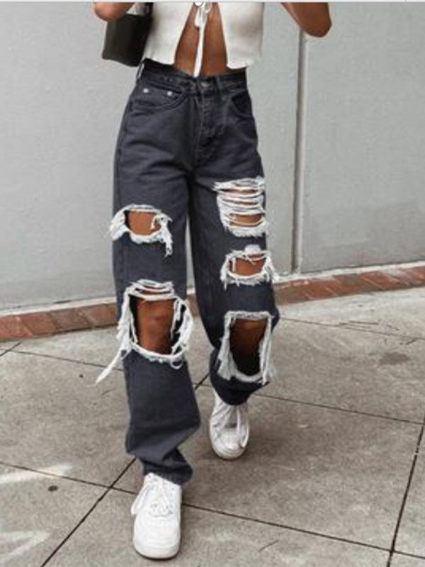 Women’s Loose Ripped Straight Denim Trousers
