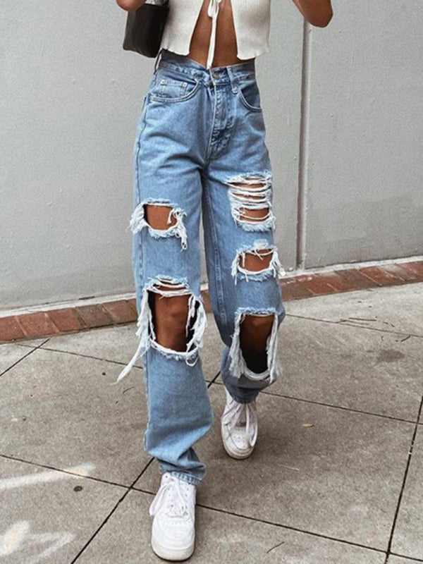 Women’s Loose Ripped Straight Denim Trousers - Sky blue azure / XS