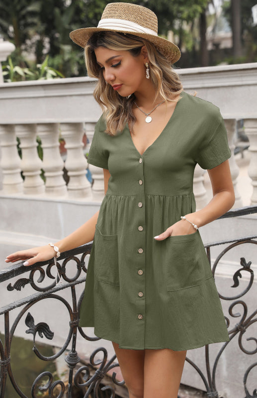 Women’s Loose Shirt Dress V-Neck Short Sleeve Pleated Cotton Linen Dress