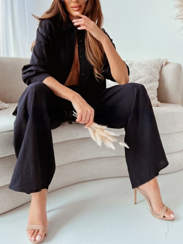 Women’s loose solid color long-sleeved shirt casual trousers two-piece set - Black / S
