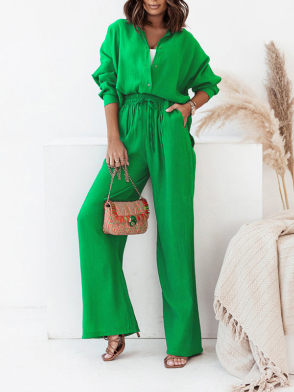 Women’s loose solid color long-sleeved shirt casual trousers two-piece set - Green / S