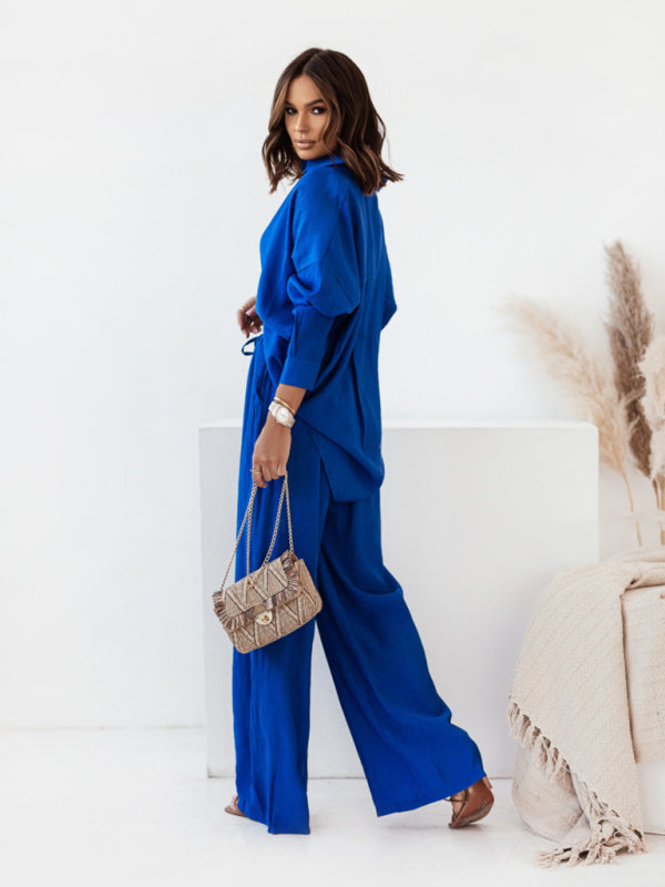 Women’s loose solid color long-sleeved shirt casual trousers two-piece set - Blue / S