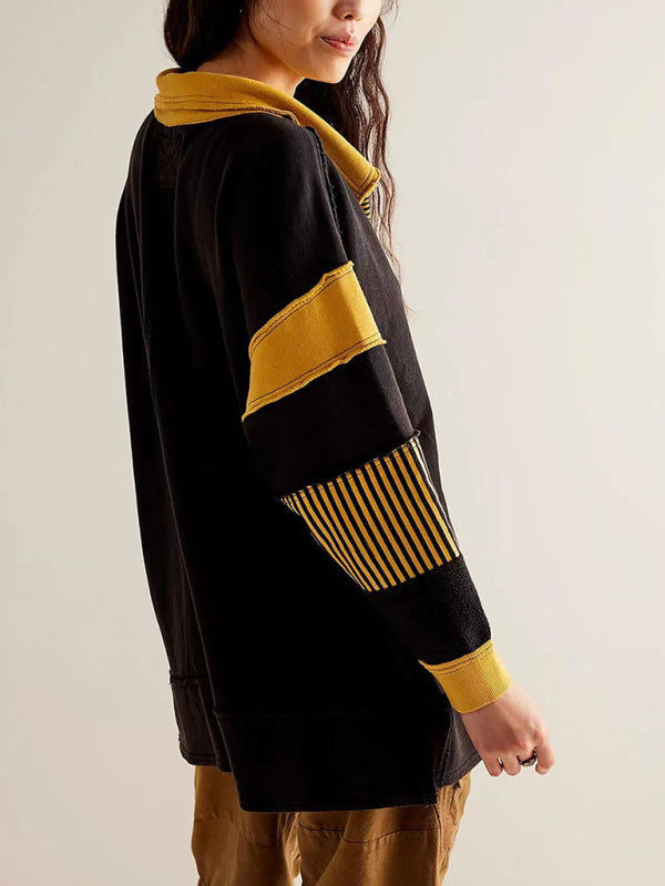 Women’s loose V-neck casual long-sleeved patchwork sweatshirt