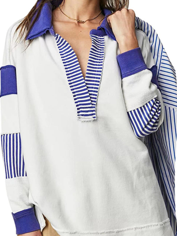 Women’s loose V-neck casual long-sleeved patchwork sweatshirt